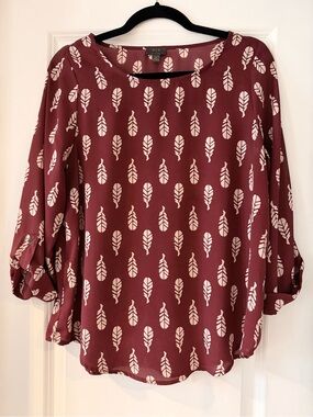 Burgundy Feather-Print Roll-Sleeve Blouse